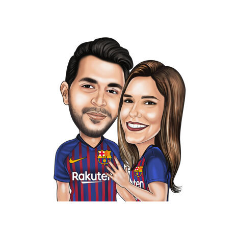 Couple Football Caricature from Photos in Color Style for Barcelona Fans - example