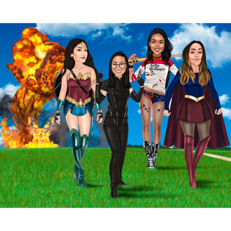 Superhero Girls Group Portrait in Colored Style on Custom Background - example