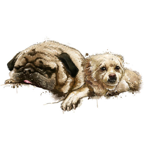 Two Mixed Dog Breed Caricature Portrait in Natural Watercolor Style from Photos - example