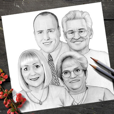 Family Group Portrait Cartoon Digitally Hand Drawn from Photos - Print on Poster - example