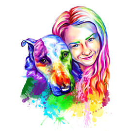 Proprietario con caricatura di ritratto muscoloso Bull Terrier in stile acquerello arcobaleno