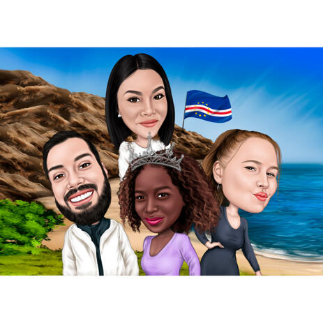 Birthday Person with Crown - Group Caricature with Mountain Background for Custom Gift - example