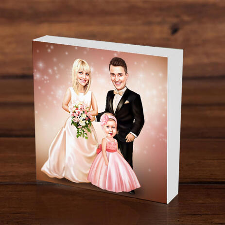 Wedding Couple with Child on Photo Block Caricature - example