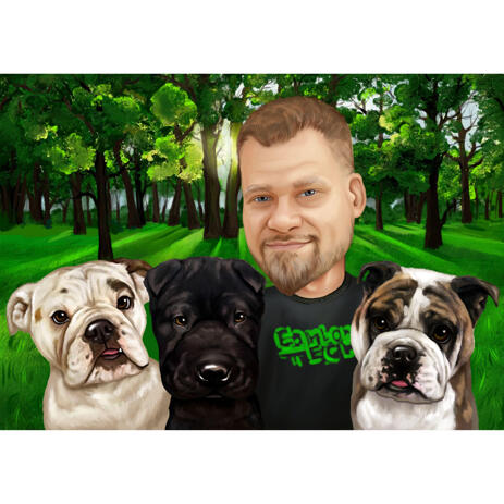 Person with Dogs Caricature Portrait with Park Background - example