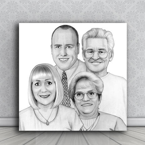 Group Cartoon Portrait on Canvas in Black and White Style from Photos - example