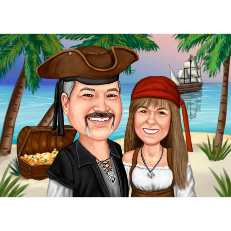 Pirates Couple Caricature Portrait on Custom Background for Perfect Gift Idea - example