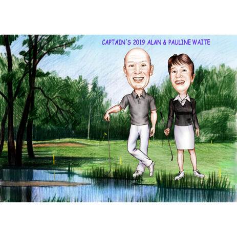 Two Persons Full Body Caricature with Golf Background for Custom Gift - example