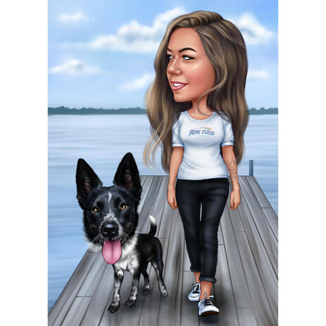 Owner with Dog Full Body Caricature with Colored Background - example