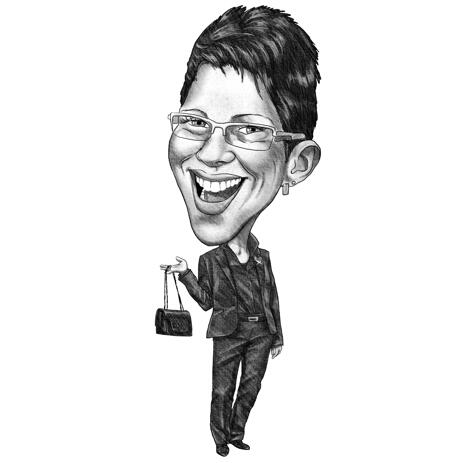 Funny Exaggerated Business Woman Caricature in Black and White Pencil Style - example