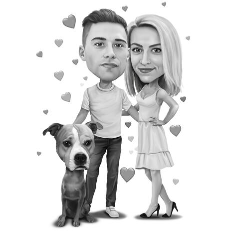 Black and White Caricature of Couple with Pet from Photos - example