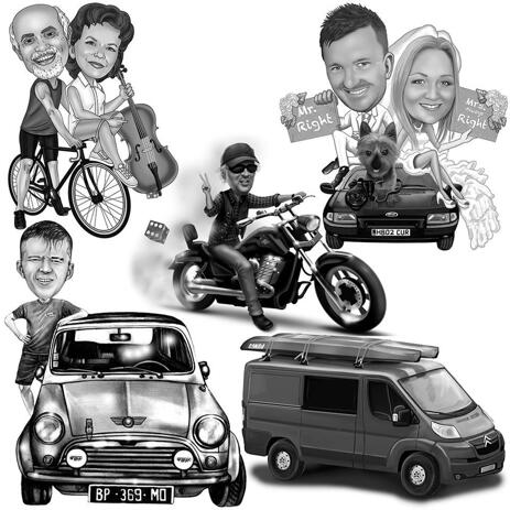 Full Body Transport Caricature with Any Vehicle in Black and White Style - example