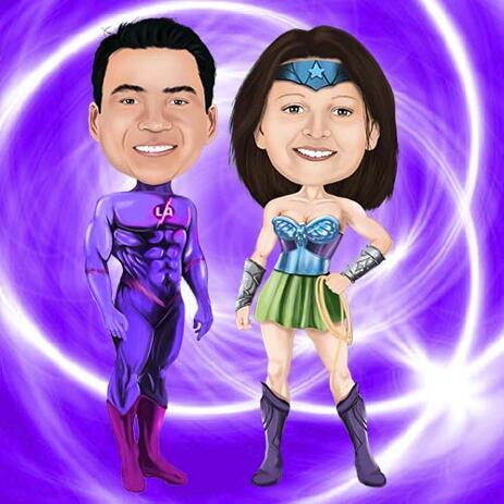 Superhero Couple Caricature from Photos with Custom Background - example