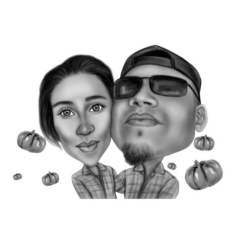 Couple Caricature in Black and White Style with Pumpkin Background for Halloween Gift - example