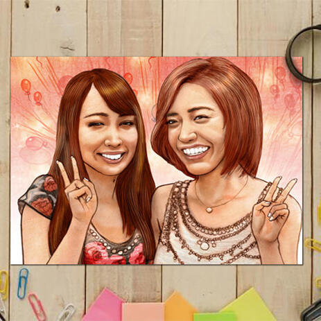 Friends Caricature Portrait from Photos with Colored Background - Print on Poster - example