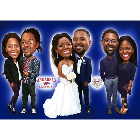 Flashing Wedding Party Caricatures of Group Couples in Colored Style - example