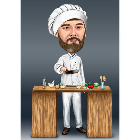 Custom Cooking Chef Caricature Gift Hand Drawn in Colored Style with Gray Background - example