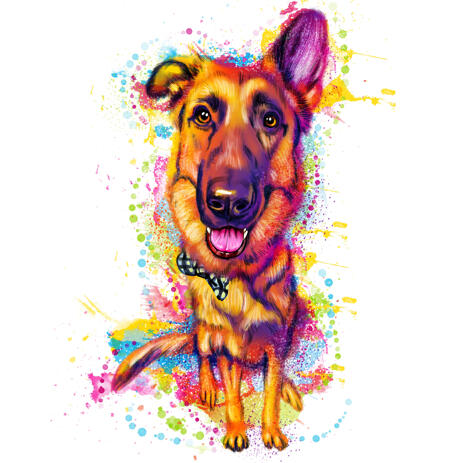 Funny German Shepherd Full Body Portrait Cartoon from Photos in Rainbow Watercolor - example