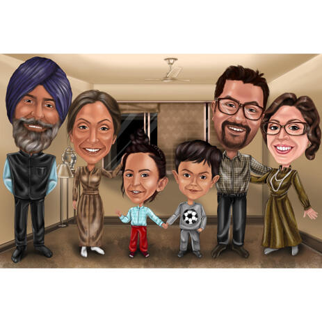 Cartoonized Indian Family Caricature Portrait with Custom Background from Photos - example
