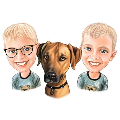 Children with Pets Caricature Portrait from Photos - example