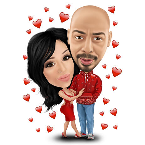 Happy Valentine's Day Full Body Couple Cartoon Portrait with Hearts in the Background - example
