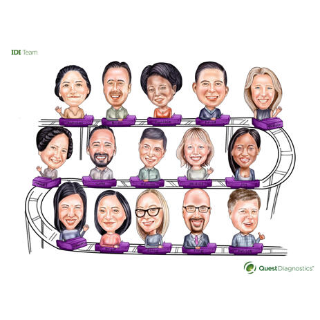 Rollercoaster Corporate Group Caricature Drawing from Photos with Company Logo Mascot - example