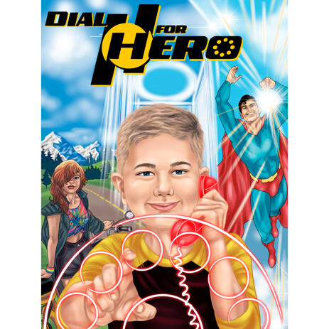 Super Hero Kid Caricature from Photos with Custom Background - example