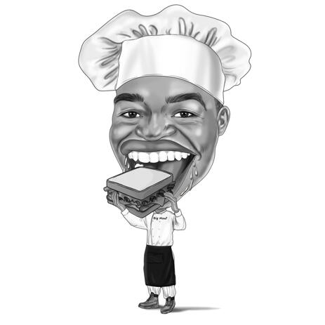 Person with Apron Caricature in High Exaggerated Black and White Cartoon Drawing Style - example
