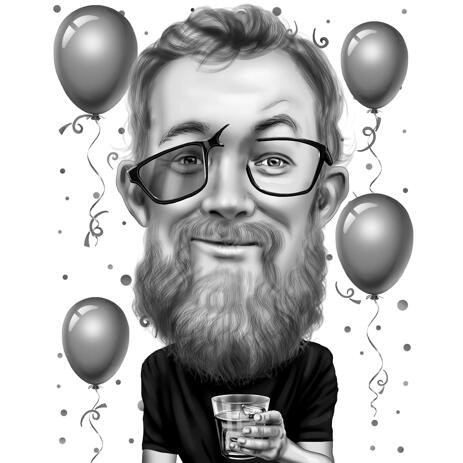 Birthday Boy Cartoon Drawing with Drink for Custom Gift in Funny Exaggerated Caricature Style - example