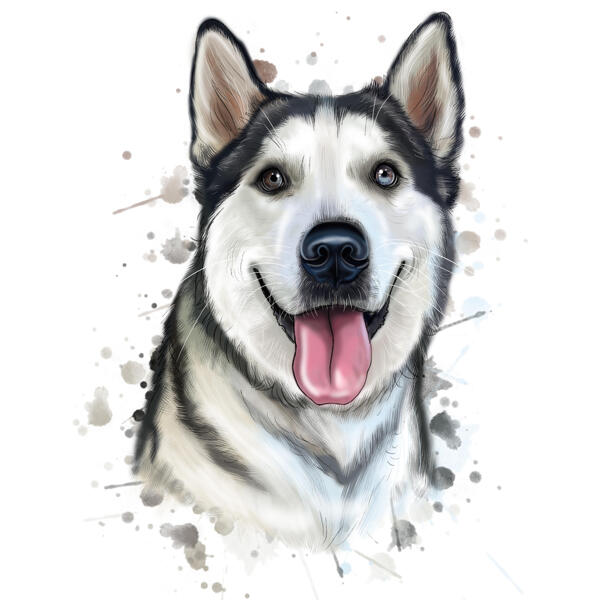 Friendly Siberian Husky Dog Cartoon Portrait In Watercolor Natural Style
