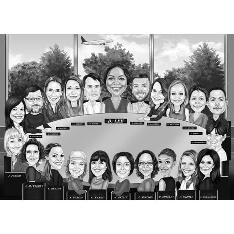 Corporate Office Group Cartoon Caricature in Black and White Style from Photos - example
