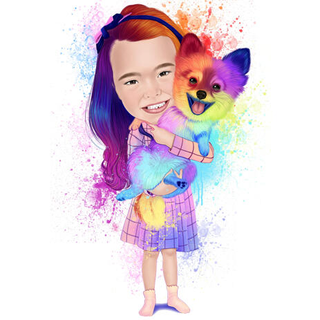 Owner with Pom Dog Full Body Watercolor Rainbow Portrait from Photos - example