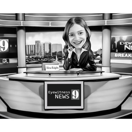 News Anchor Cartoon Drawing in Black and White Style with Custom Background - example