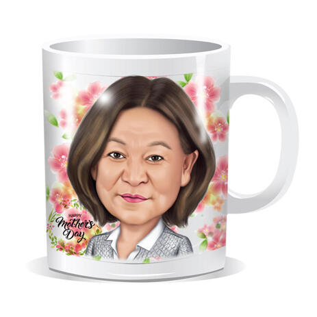 Gift for Mother - Custom Caricature in Color Style with Flower Background Printed on Mug - example