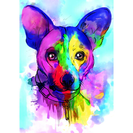 Hand Drawn Corgi Portrait Cartoon from Photo in Rainbow Style with Colored Background - example