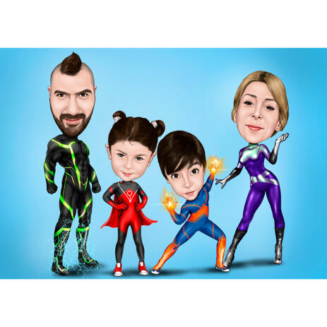 Family Superhero Custom Caricature from Photos with One Color Background - example