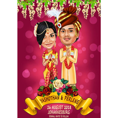 Couple Indian Bollywood Wedding Cute Caricature With Background For Custom Cards Invitations
