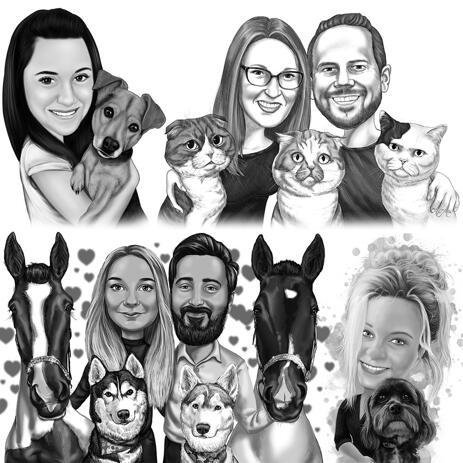 Pet with Owner Caricature from Photos - Black and White Style - example