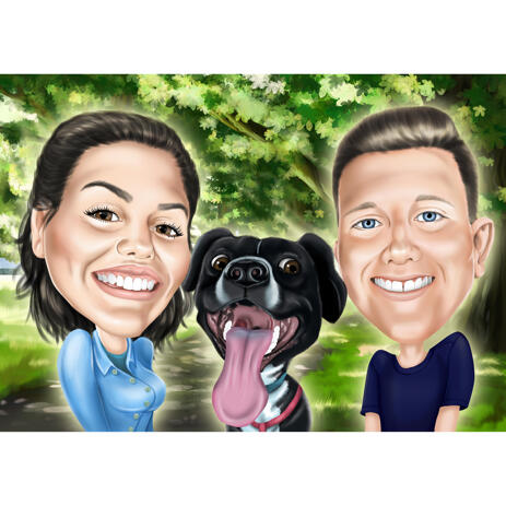 Couple with Dog Caricature Portrait with Colored Background - example