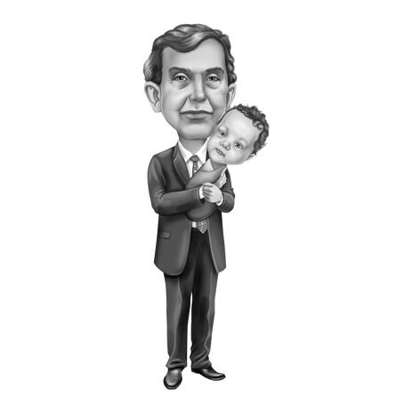 Grandfather with Baby Caricature in Full Body Black and White Style from Photos - example