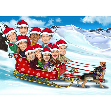 Christmas Group Caricature in Santa Sleigh and Winter Background - example