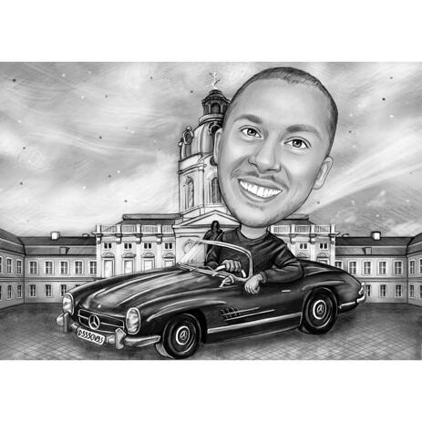 Car Caricature for Birthday Brother Gift in Black and White Style - example