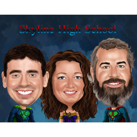 Big Heads Superhero Group Caricature from Photos with Colored Background - example