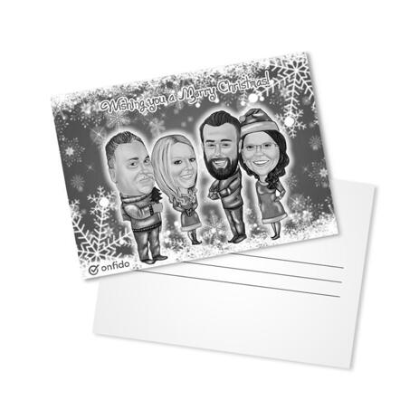 Group Christmas Set of 10 Caricature Cards in Black and White Style from Photos - example
