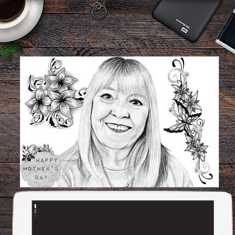 Original Portrait on Paper: Monochrome Portrait Drawing from Photo for Mother's Day Gift - example