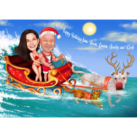 Christmas Couple Caricature with Dog in Sleigh with Ocean Background - example