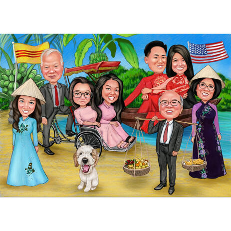 Family Group Caricature in Traditional Costumes and Colored Background - example
