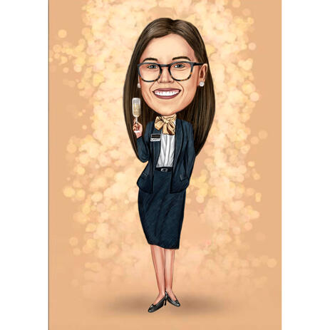 Woman with Glass of Champagne Full Body Caricature on Neutral Color Background - example