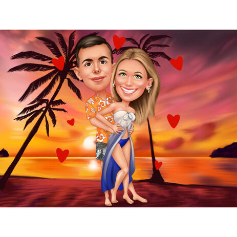Loving Couple Exaggerated Caricature on Beach Sunset Background in Color Style - example