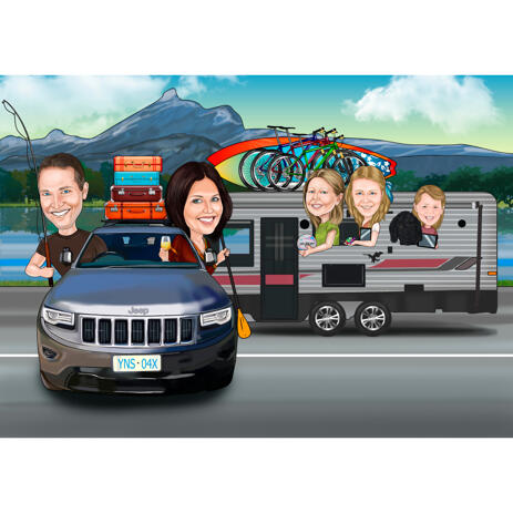 Family Caricature with Any Vehicle in Colored Digital Style from Photos - example