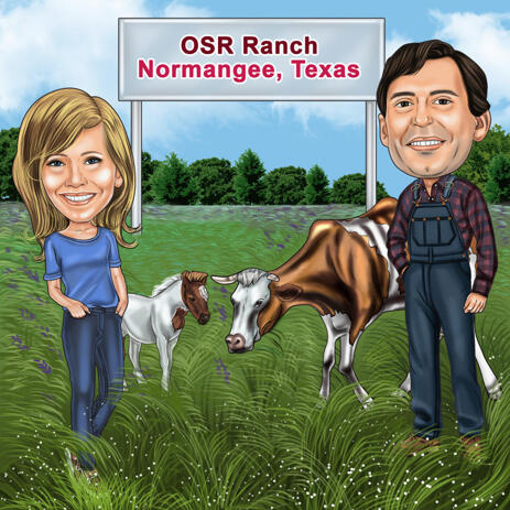 Farming Couple Caricature in Colored Style with Custom Background - example